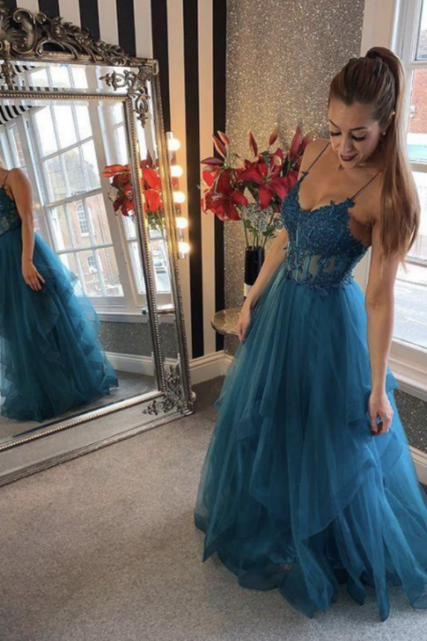 Teal Tulle Straps A Line Prom Dress With Lace Appliques KPP1658