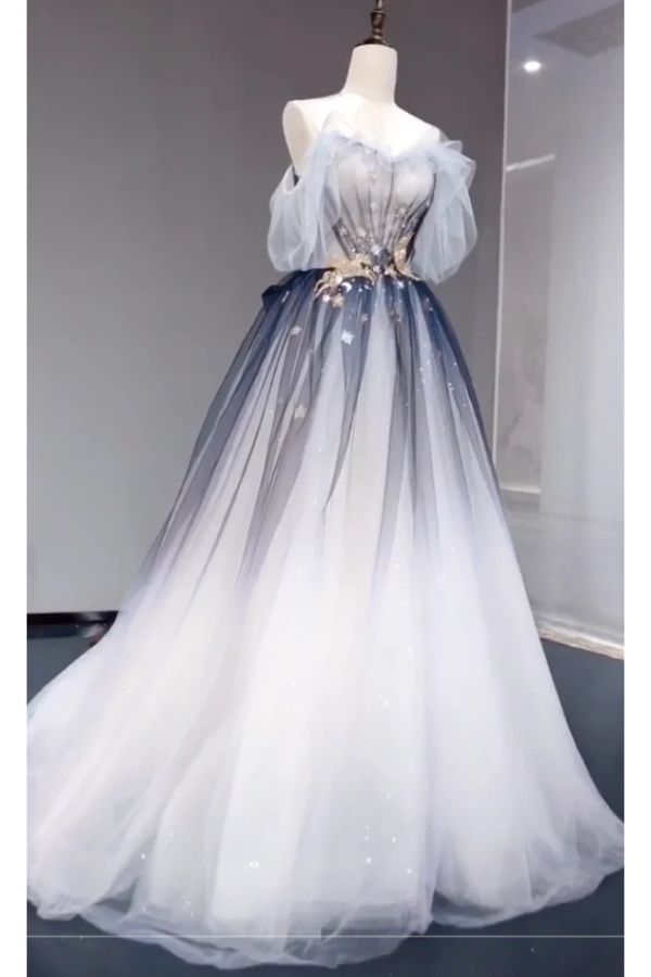 A Line Off the Shoulder Ombre Tulle Long Prom Dress KPP1762