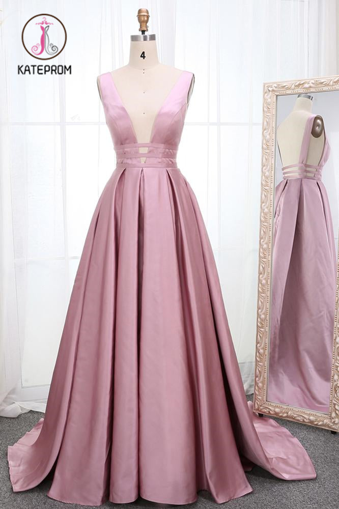 Simple V Neck Sleeveless Long Prom Dress, A Line Ruched Long Evening Dresses KPP1052