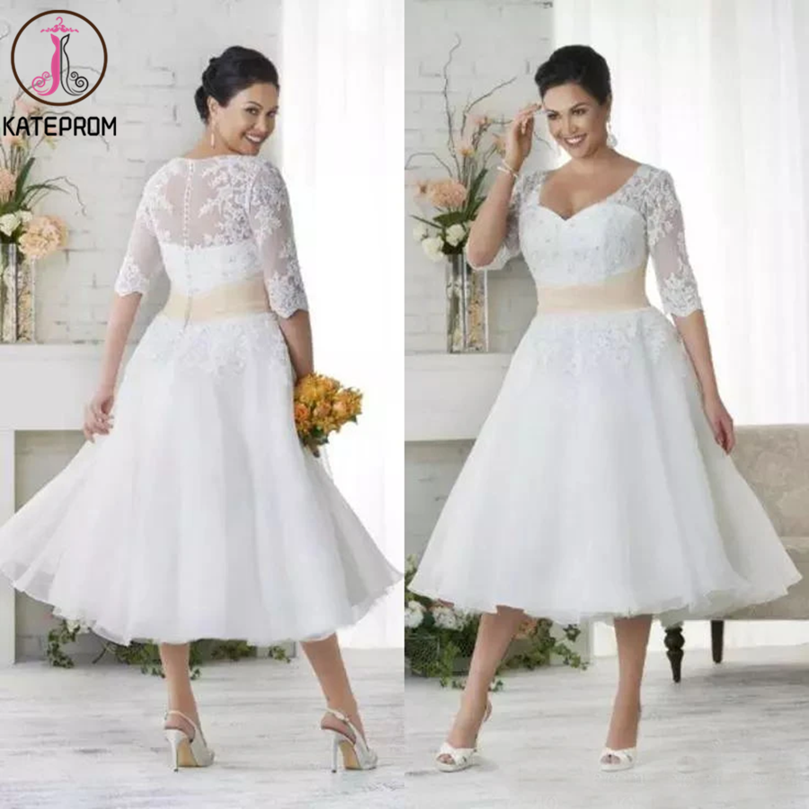 Chic Tea Length Wedding Dresses A-line Half Sleeve V neck Lace Wedding Dress KPM0008