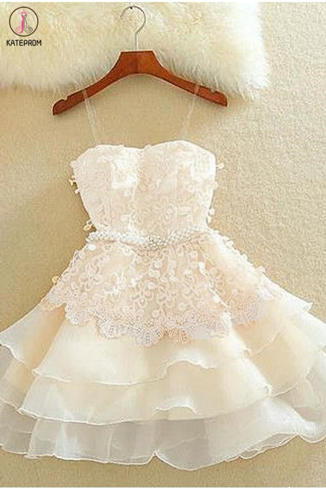 Ivory A Line Tulle Homecoming Dress, Applique Short Prom Dress with Beads KPH0473