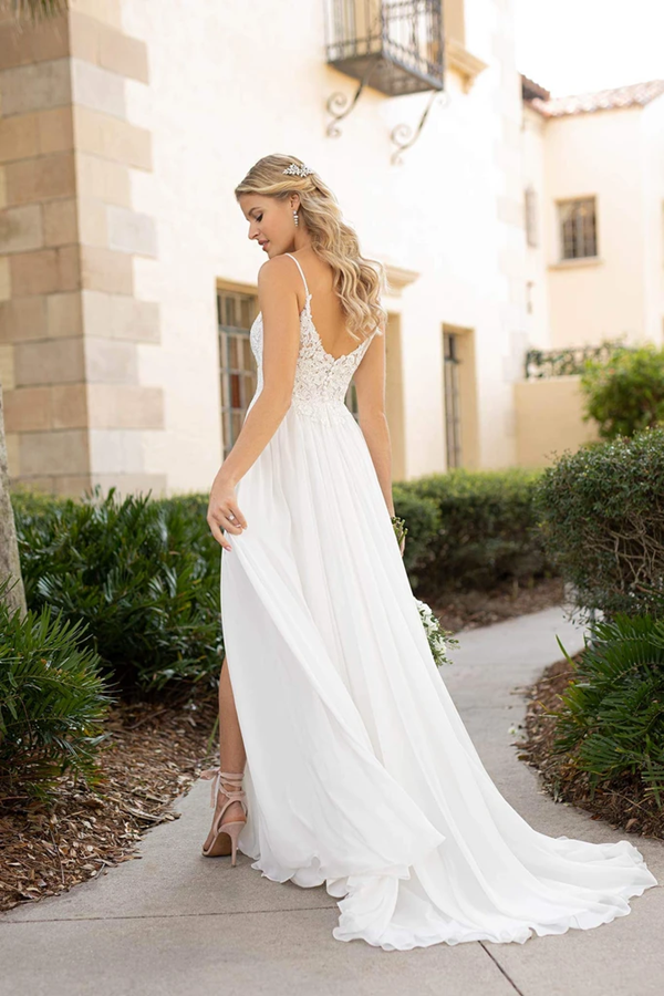 Front Split Spaghetti Straps Lace Chiffon Long Flowy Beach Wedding Dresses KPW0647