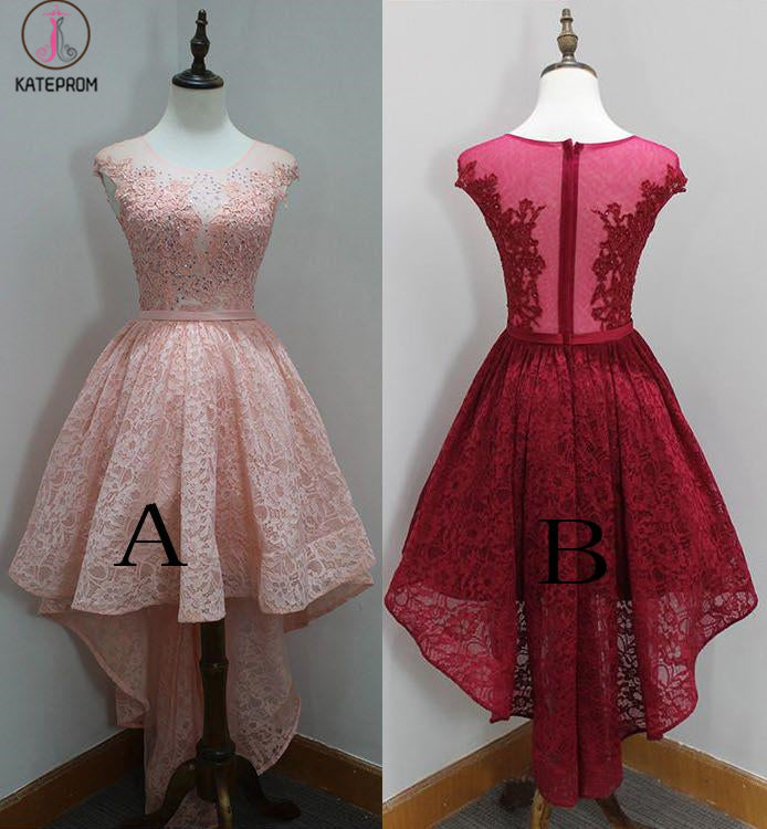 High Low Round Neck Sleeveless Lace Homecoming Dress, A Line Lace Party Dress KPH0465