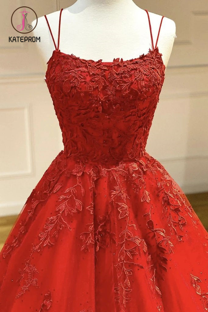 Hot Selling Red Tulle Prom Dress with Lace Appliques, A Line Long Party Dress with Lace KPP1249