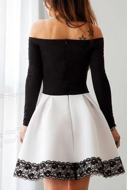 White and Black Off Shoulder Homecoming Dress with Lace, Short Prom Dress with Sleeve KPH0500