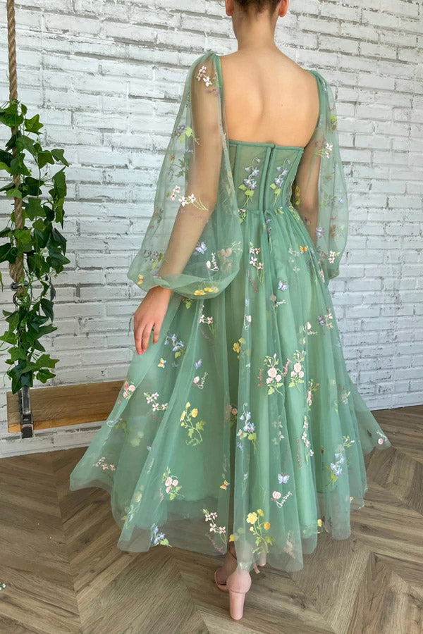 Light Green Embroidered Tulle Dress Evening Dress Puffy Long Sleeve Prom Dress KPP1601