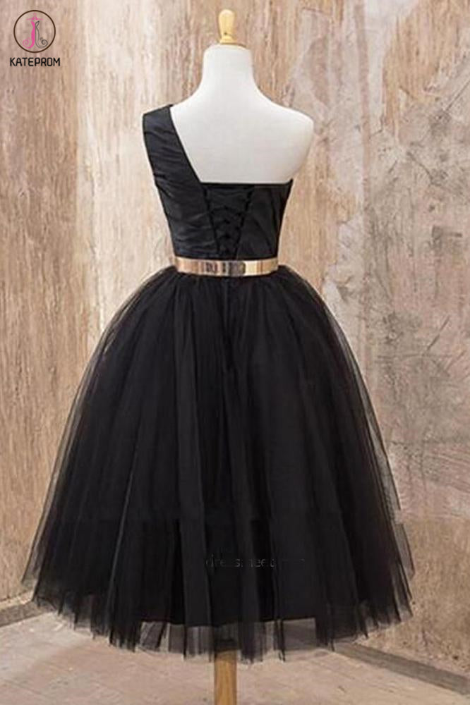 A Line One Shoulder Black Tulle Tea Length Homecoming Dresses with Belt, Short Prom Dresses KPH0461