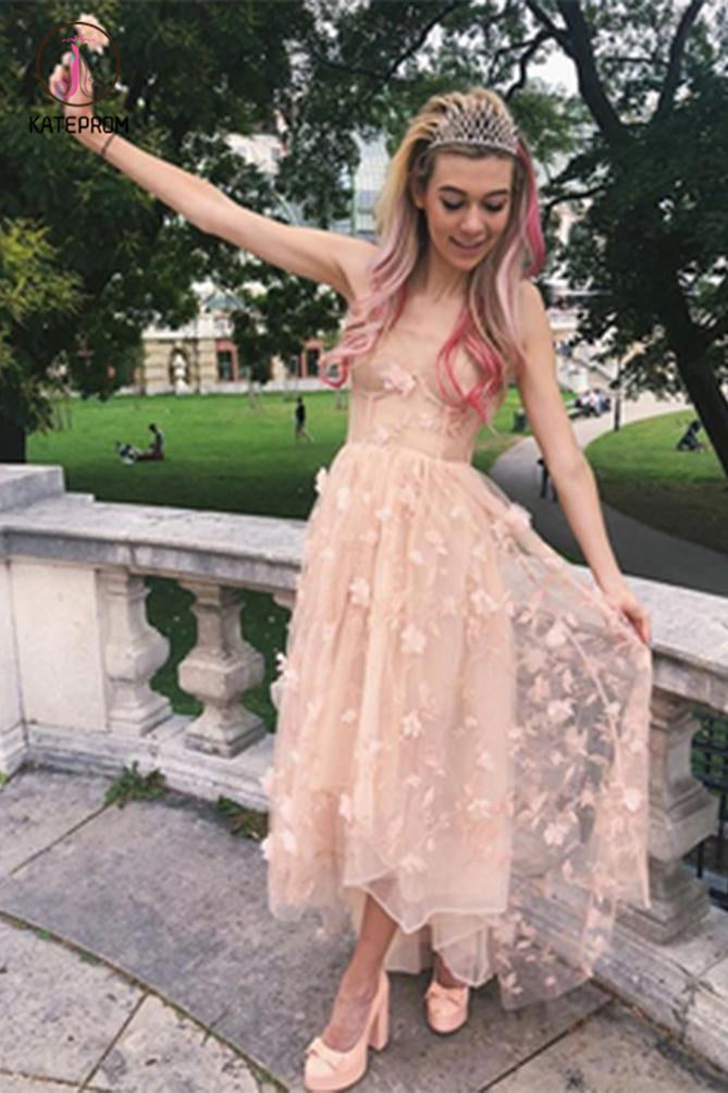 Long Spaghetti Straps Tulle Prom Dress with Flowers, V Back Homecoming Dress KPH0361