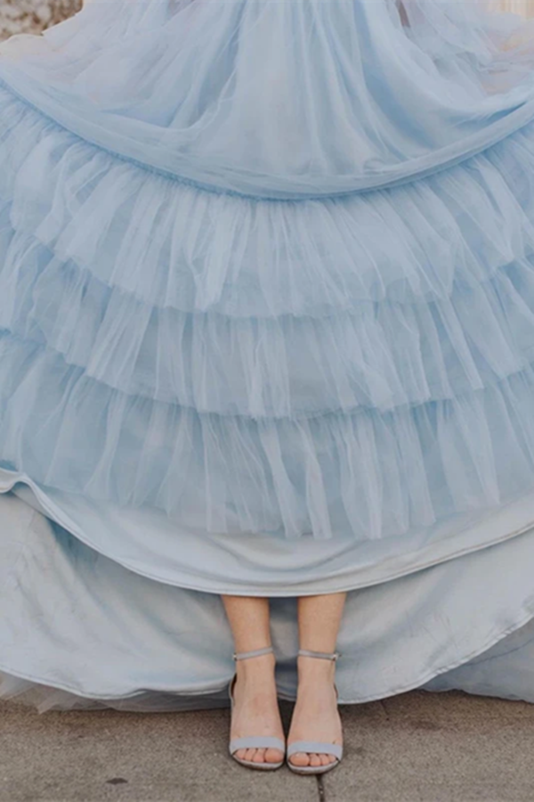 Elegant Spaghetti Straps Off The Shoulder Long Sleeves Tiered Tulle Sweep Train Prom Dresses KPP1396