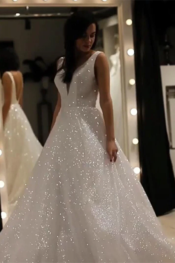 Sparkly V Neck Backless Wedding Gown, Sequins Prom Dress On Sale KPW0694
