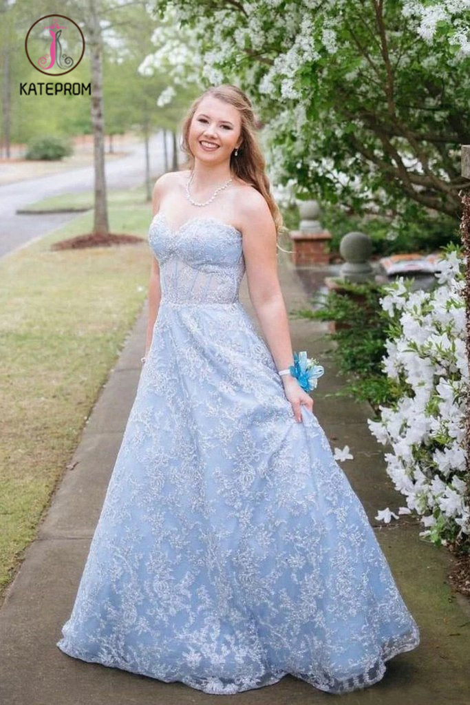 Floor Length Sweetheart A Line Lace Prom Dress, Strapless Long Evening Dresses KPP1241