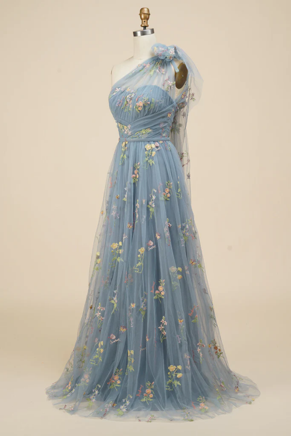 Blue Grey Floral Embroidery One Shoulder A Line Prom Dress KPP1674