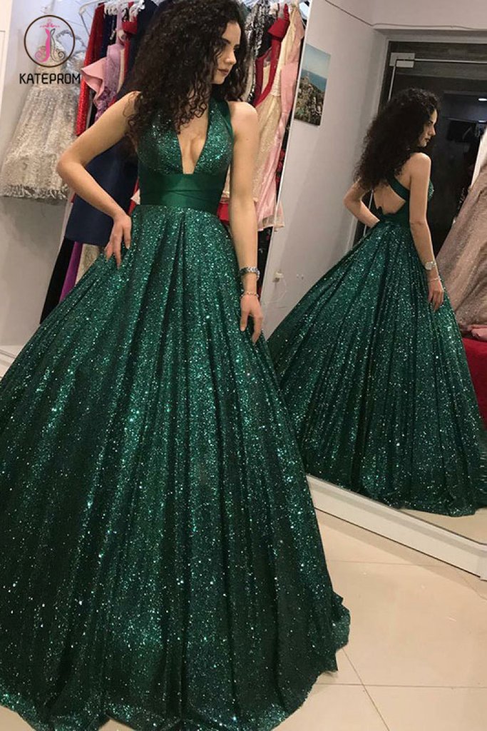 Shinny V Neck Green Sequined Ball Gown Long Prom Dresses, Quinceanera Dresses KPP0746