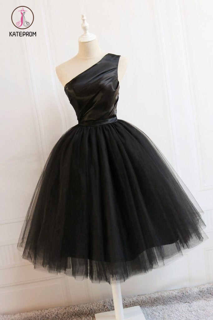Cute Black One Shoulder Short Prom Dress, Black Tulle Homecoming Dress with Belt KPH0337