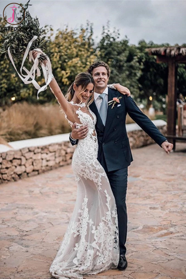 Stunning Lace Appliques See Though Mermaid/Turmpet Wedding Dress Backless Rustic Wedding with Sleeves Gowns