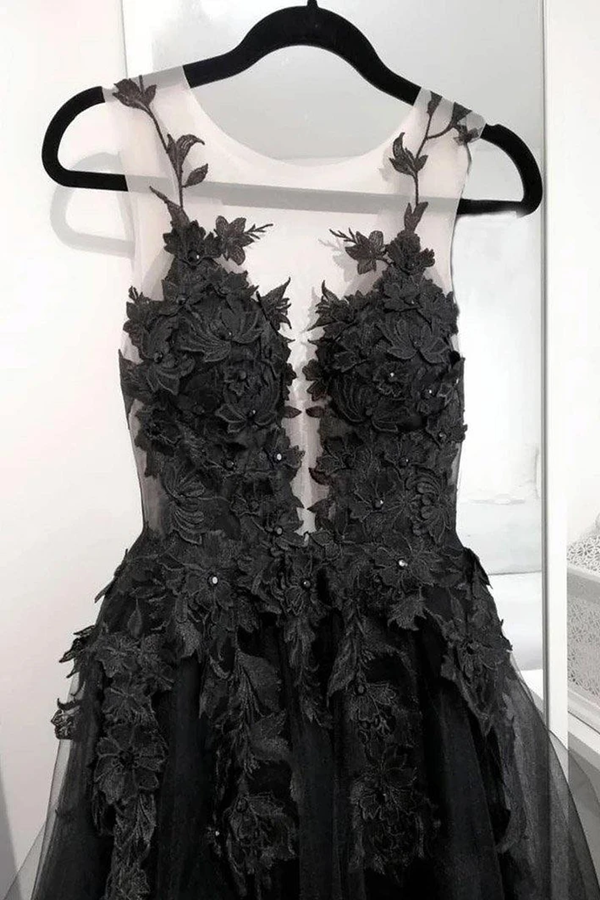 Black Lace Tulle Long Prom Gown Black Evening Dress KPP1398