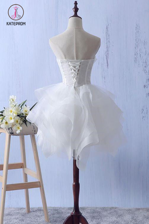 Ivory Mini Ruffles Strapless Short Homecoming Dress,Lace Appliques Graduation Dress KPH0294