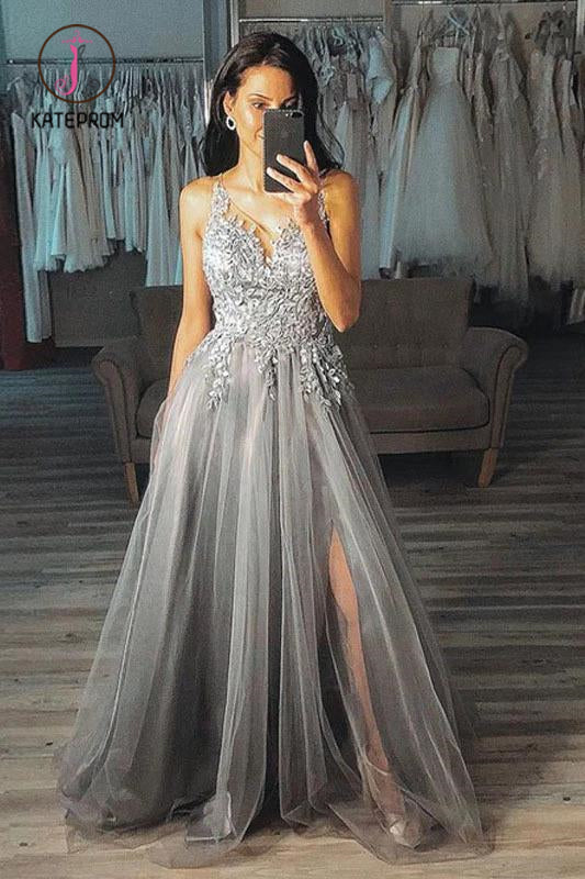 Grey A Line V Neck Long Appliques Tulle Prom Dress, Gray Split Long Evening Dress KPP1041