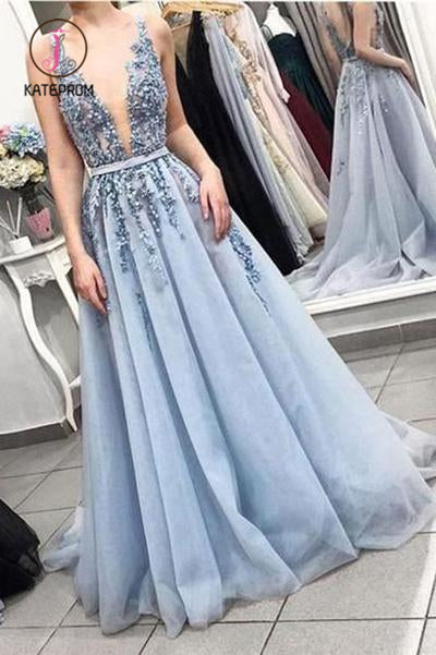 Blue V Neck Tulle Beading Long Prom Dress, Gorgeous Backless Long Evening Dresses KPP0981