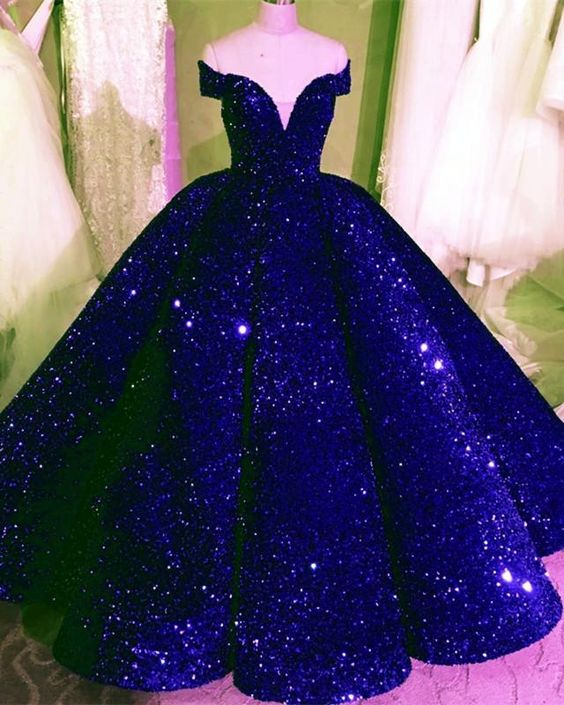 Sequin Ball Gown Dresses Off The Shoulder Royal Blue Prom Dresses KPP1463