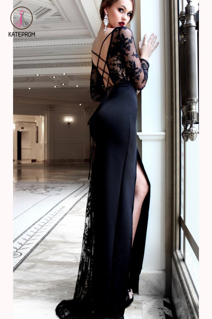 Sexy Long Sleeve Split Prom Dress with Side Slit, Long Evening Dress with Lace KPP0673