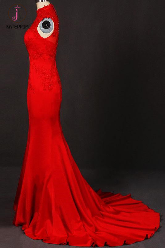 Red Sleeveless High Neck Sleeveless Satin Evening Dress Appliques Prom Dresses KPP1086
