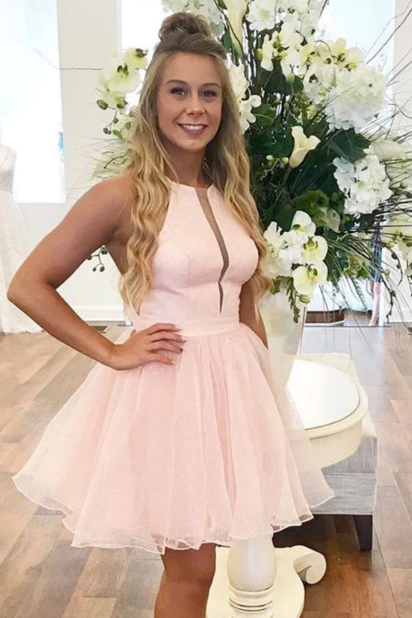 A Line Halter Organza Short Pleated Sleeveless Homecoming Dresses KPH0709
