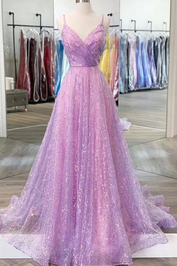 Shiny V Neck Backless Lilac Prom Dresses with Straps, Formal Dresses, Purple Evening Dresses KPP1458