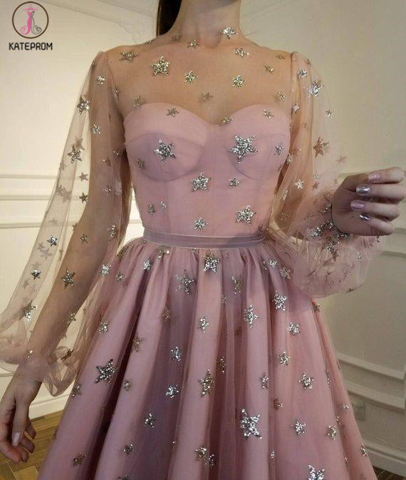 Sparkly Long Sleeve Short Party Dress, Unique Sheer Neck Mini Homecoming Dress KPH0455