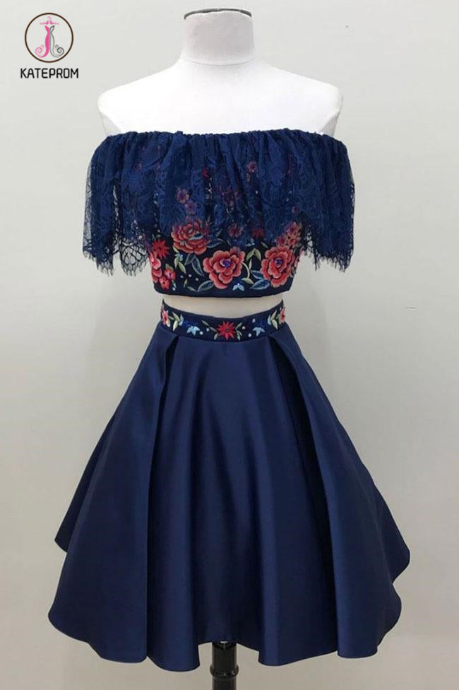 Two Piece Dark Blue Off the Shoulder Satin Homecoming Dress, Unique Party Dress with Lace KPH0341