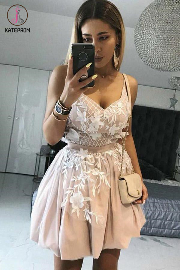 Blush Spaghetti Straps Short Prom Dress with Appliques, Mini Tulle Sweet 16 Dress KPH0403