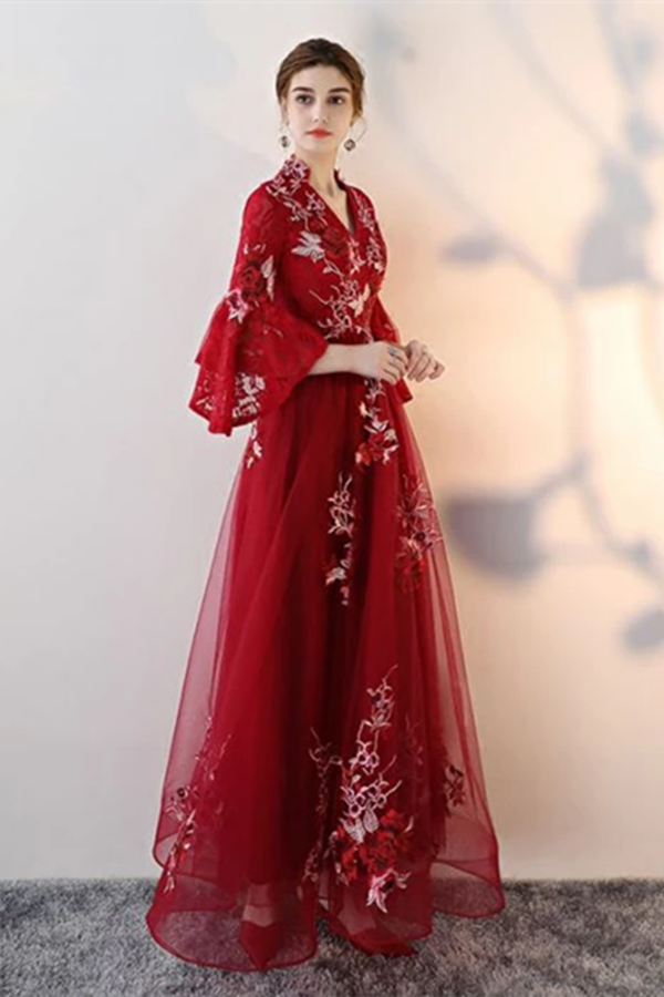 A line V neck Chic Tulle Burgundy Applique Long Prom Dress Evening Dress KPP1359