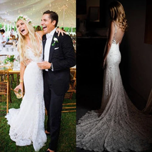 Simple Ivory Lace Country Wedding Dresses V Neck Mermaid Wedding Dress KPW0657