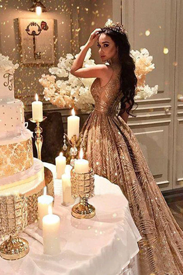 Chic Sparkly Gold Prom Dress Unique Long Prom Dress Evening Gowns KPP1594