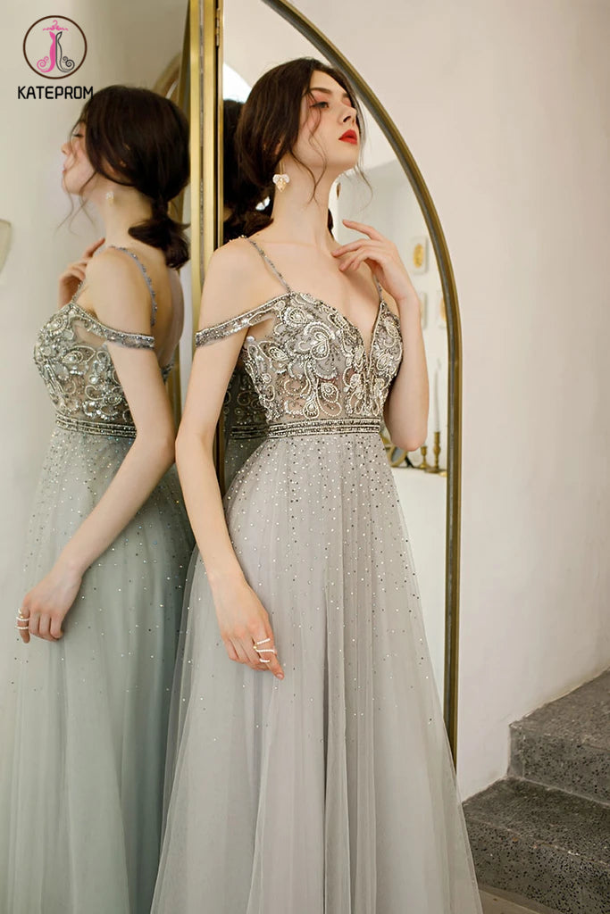 Light Gray Straps Floor Length Tulle Prom Gowns, A Line Long Party Dress KPP1293