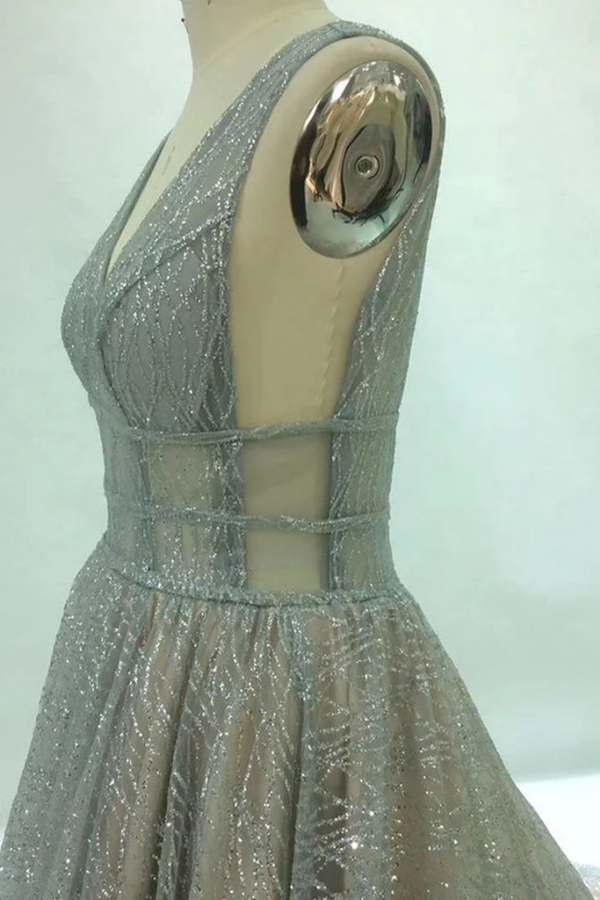 Shiny V Neck Open Back Champagne Long Prom Dresses, Formal Graduation Dress KPP1739