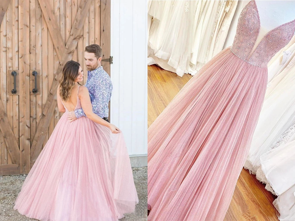 Long Prom Dress With Beaded Bodice And Plunging Illusion V Neck Formal Dress KPP1441