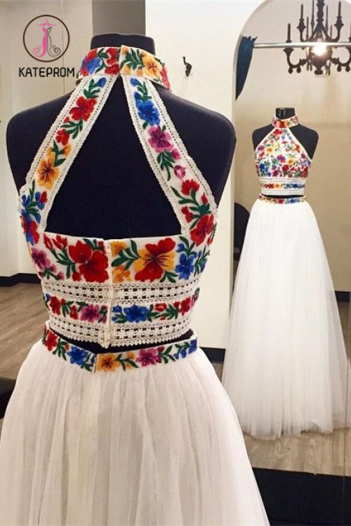 Two Piece High Neck Long Prom Dress with Appliques, Unique Sleeveless Party Dress KPP0911