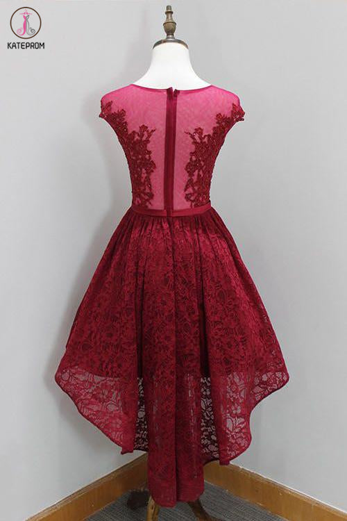 High Low Round Neck Sleeveless Lace Homecoming Dress, A Line Lace Party Dress KPH0465