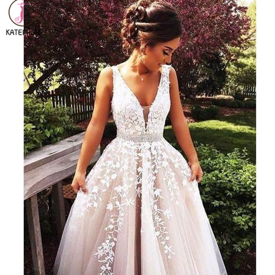 A-Line V Neck Light Gray Princess Tulle Long Prom Dresses With Bead KPP1257