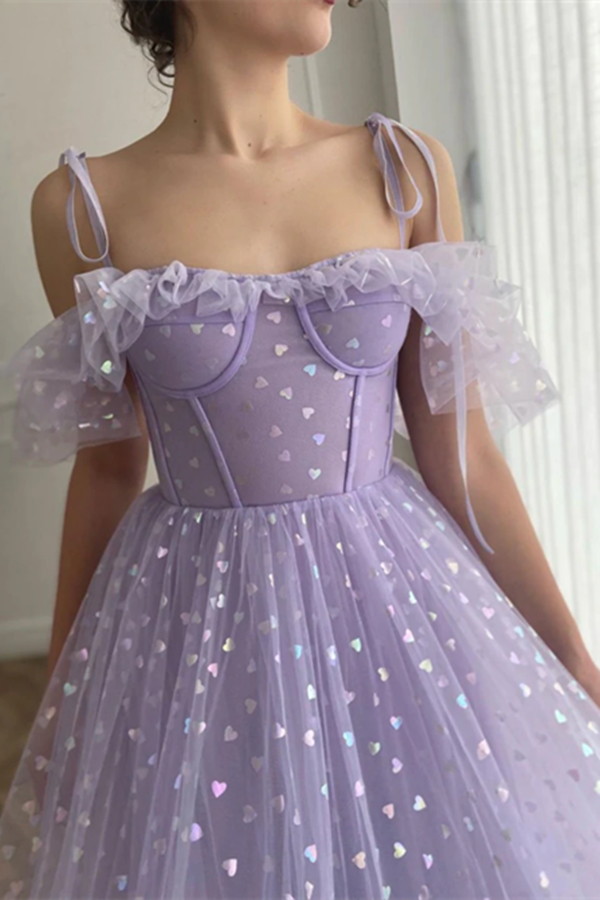 A line Off the shoulder Tea Length Prom Dress Applique Homecoming Dress KPP1590