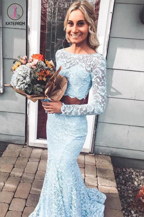 Light Sky Blue Long Sleeves Mermaid Two Piece Prom Dresses, Long Lace Evening Dress KPP1112