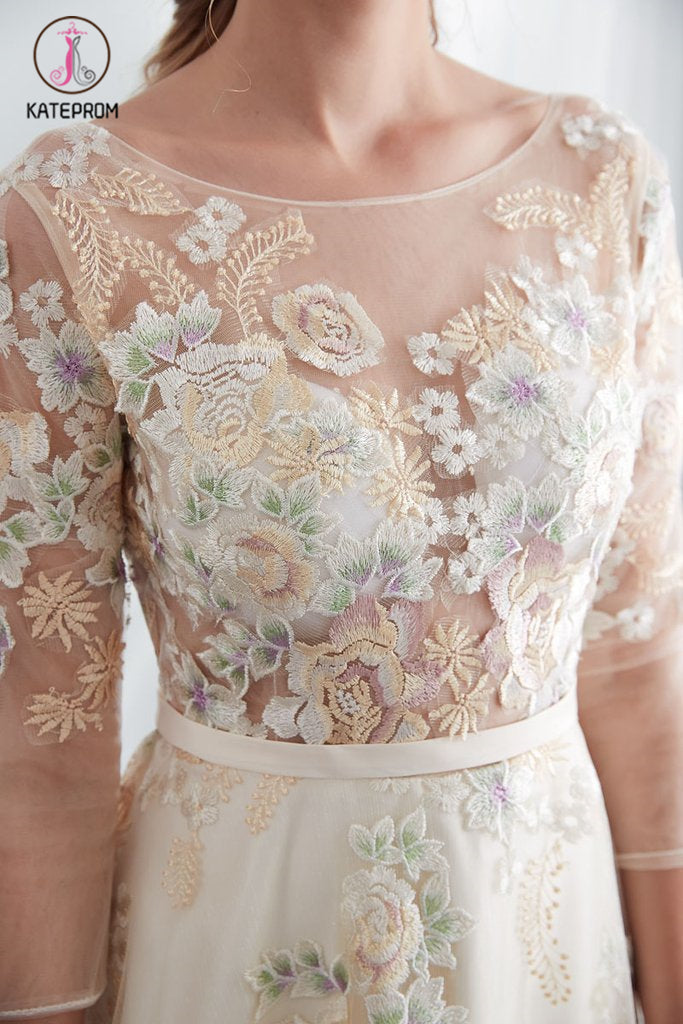 A Line Floor Length Floral Prom Dresses 3/4 Sleeves A-line Empire Waist Long Evening Gowns KPP1055