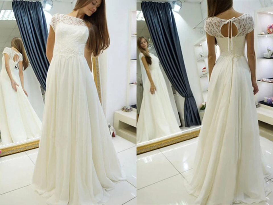 Simple A Line Long Chiffon Wedding Dresses with Lace KPW0677