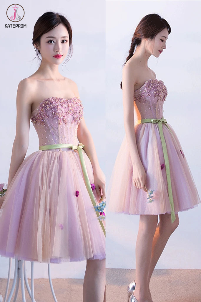 Pink Sweetheart Tulle Homecoming Dress with Ribbon, Short Prom Dress with Beads KPH0508