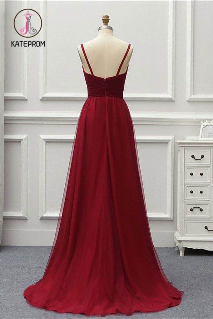 A Line High Low Tulle Prom Dress with Train, Burgundy V Neck Backless Formal Dress KPP0887