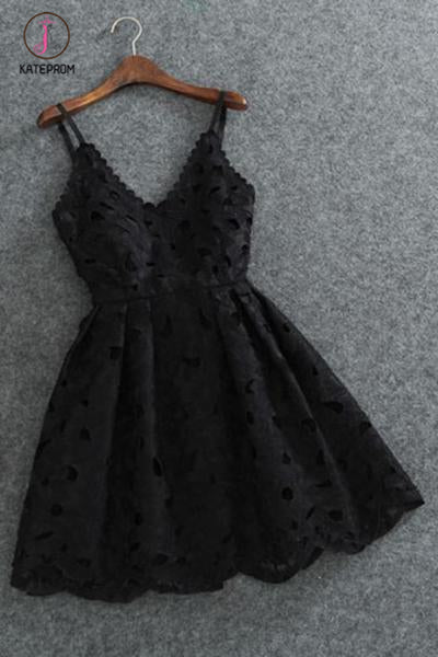 Cute Spaghetti Straps V Neck Black Lace Short Homecoming Dress,Mini Cocktail Dress KPH0272