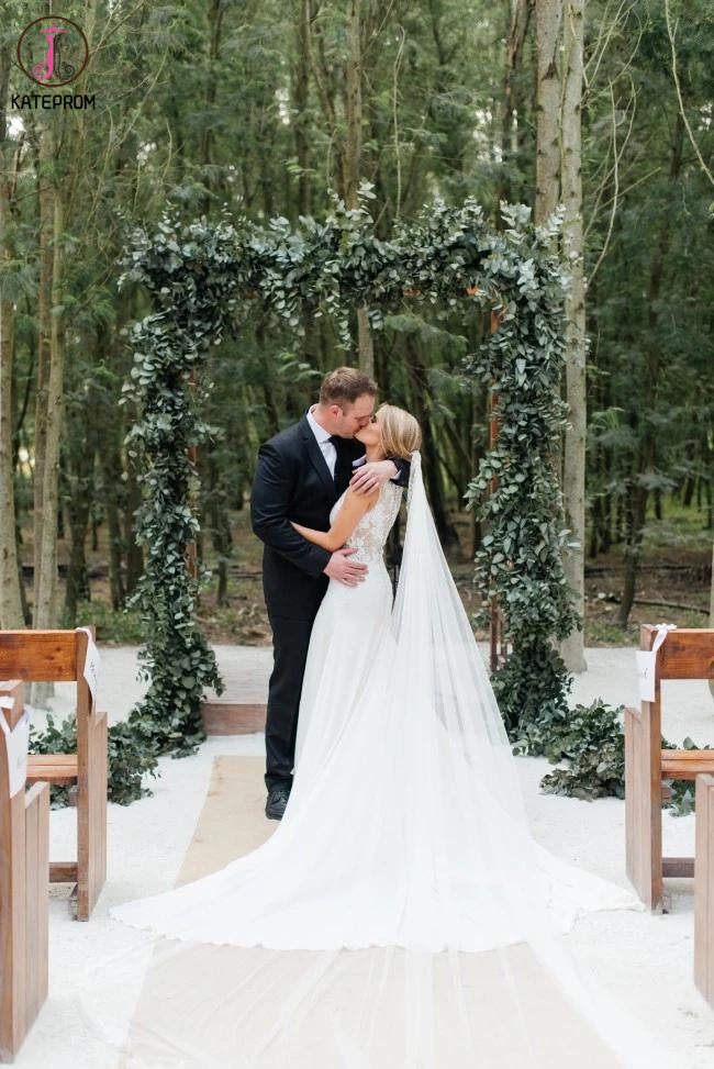 Chic Sleeveless Long Wedding Dress with Lace Appliques, Long Train Beach Wedding Dress KPW0585