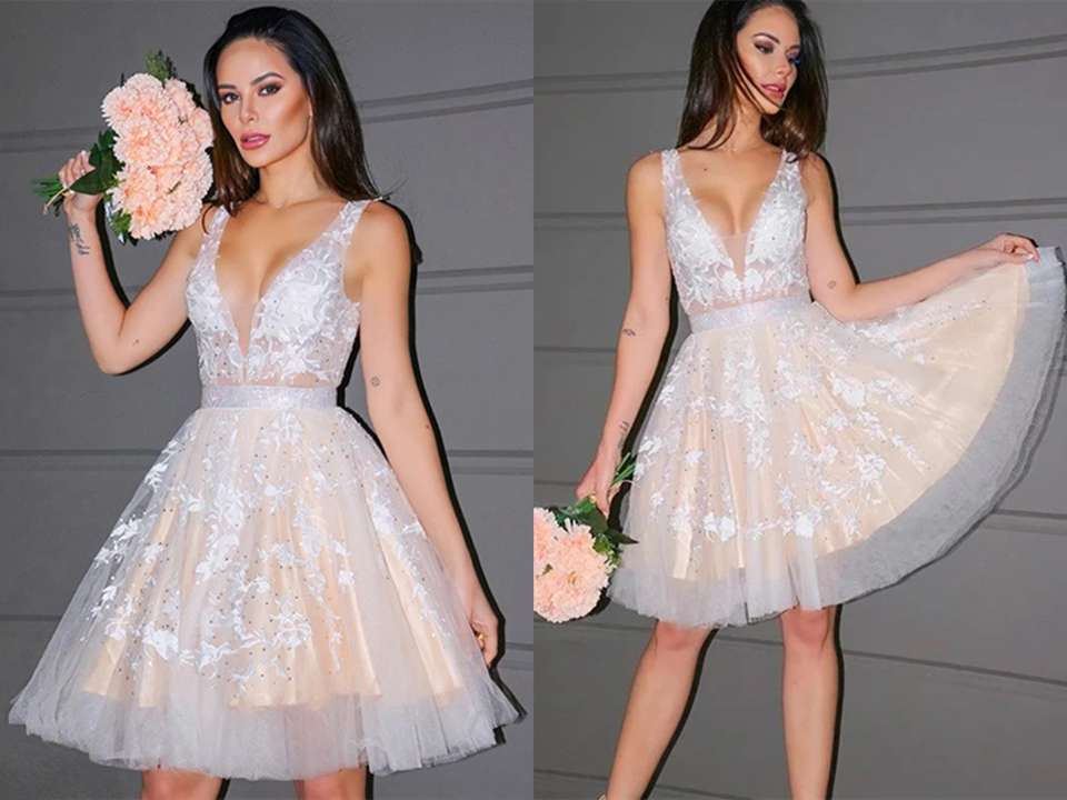A Line Princess V Neck Tulle Sleeveless Short Homecoming Dresses KPH0600