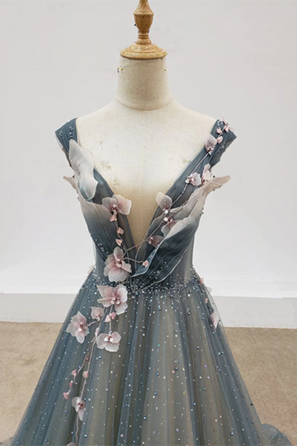 Chic A line Gray Blue V neck Long Beaded Prom Dress Tulle Floral Evening Party Dress KPP1557